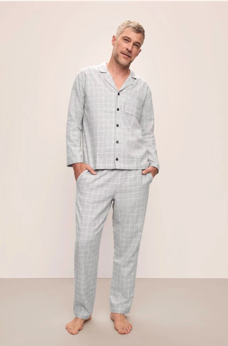 Eberjey Wintercheck Heather Grey/Ivory Men's Flannel Long PJ Set size Large